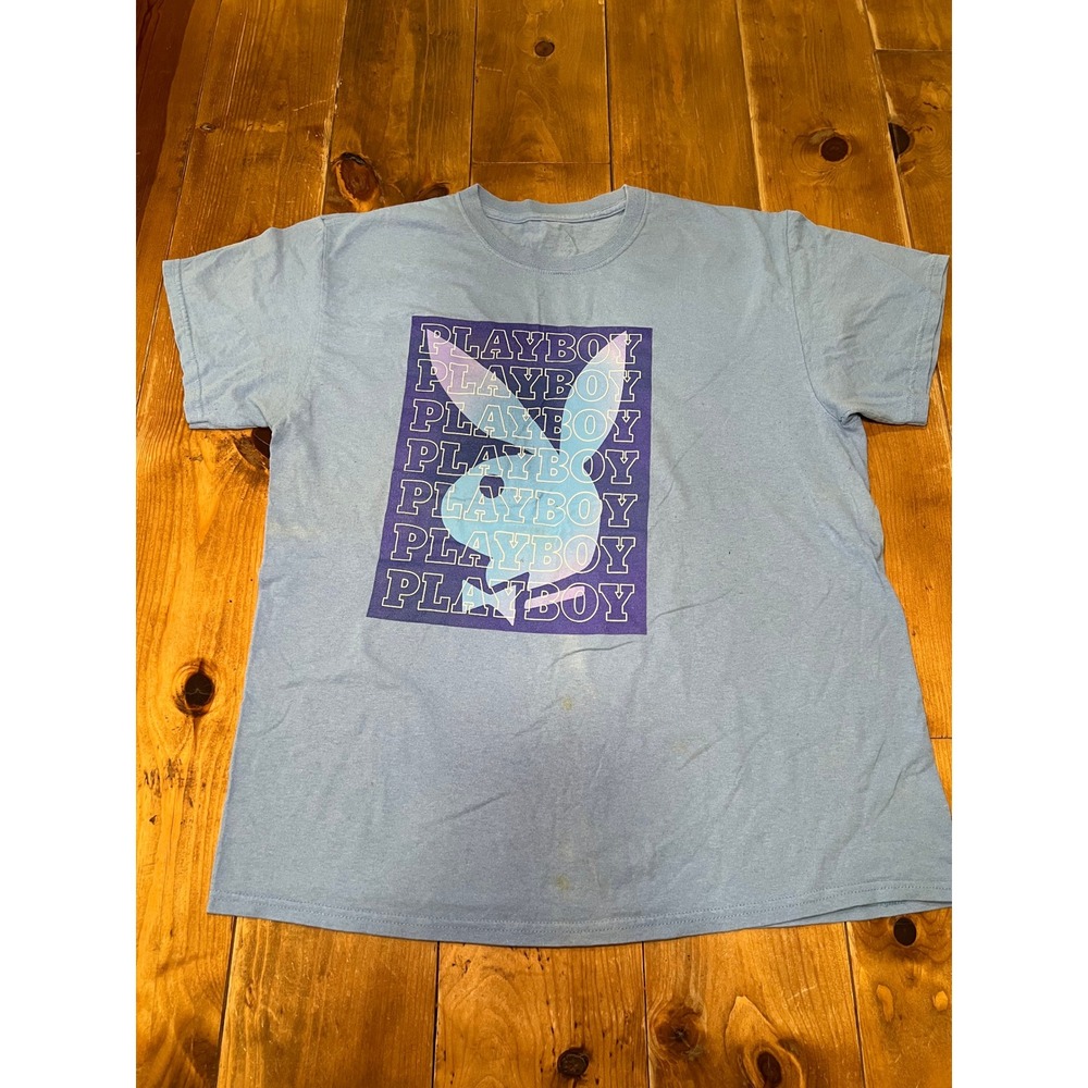 Playboy Graphic T-Shirt Light Blue Bunny Logo Short Sleeve Crewneck Tee